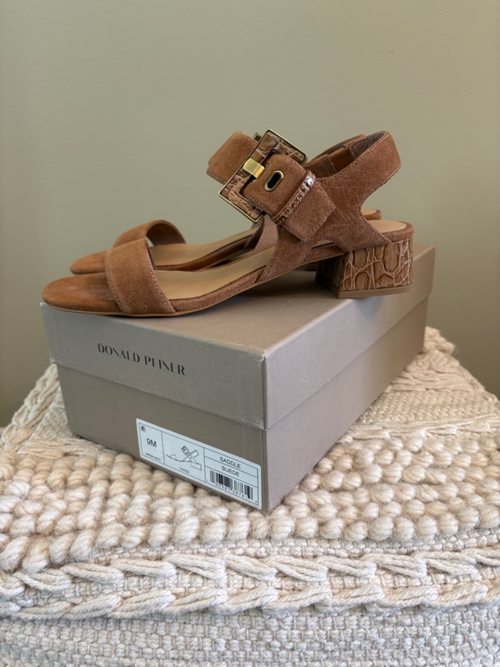 Donald J. Pliner Saddle Suede Block Heel Sandals with Gold Buckle